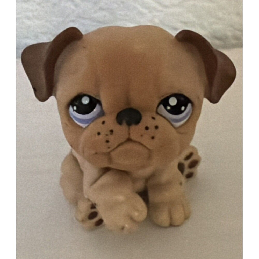 Authentic Littlest Pet Shop LPS BULLDOG Tan Raised Paw with Blue Eyes